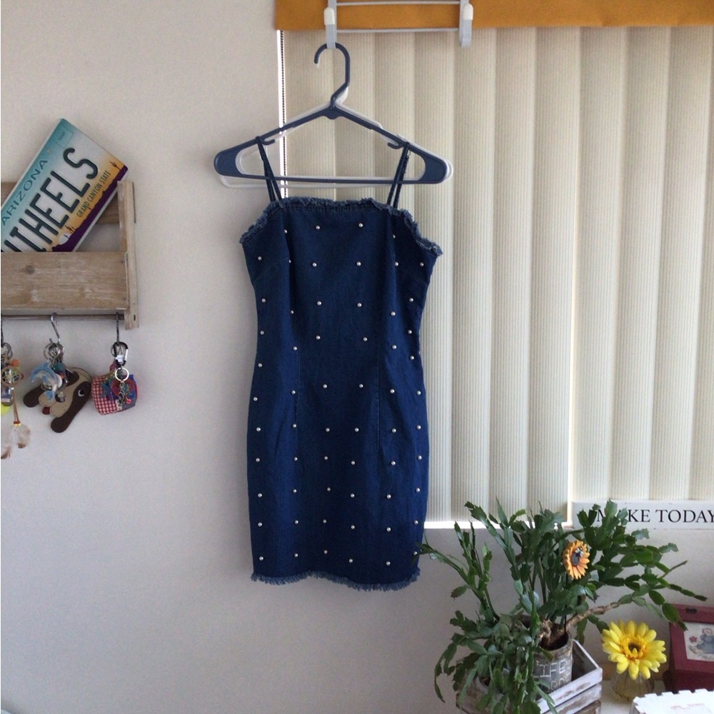 ‘Bellissima’ Denim Faux Pearl Accented Mini Dress